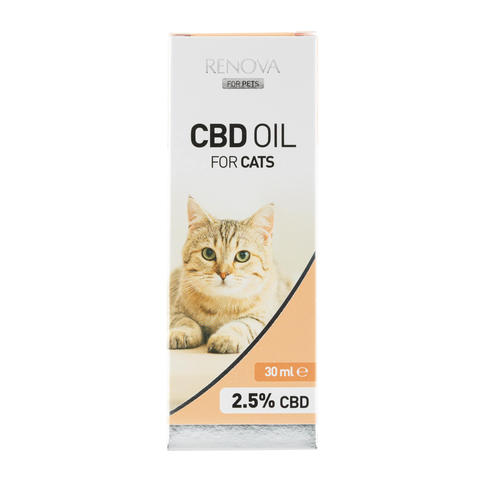 En æske Renova – CBD olie 2,5% til katte (30ml) på hvid baggrund.