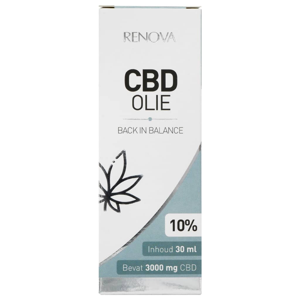 En flaske Renova CBD Olie 10% (30 ml) på en hvid baggrund.