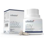 En æske Cibdol's Stay Asleep Kapsler med CBD og CBN (30 stk.) ved siden af en flaske.