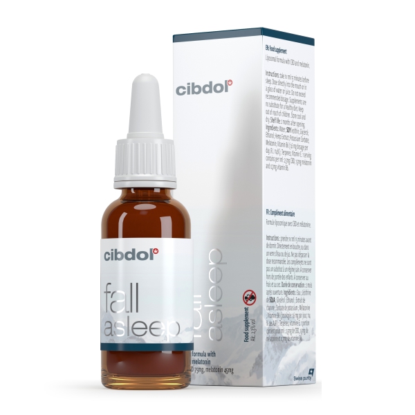 En flaske Meladol - Fald i søvn - CBD + Melatonin + vit. B6 (30ml) ved siden af en æske cbodl.