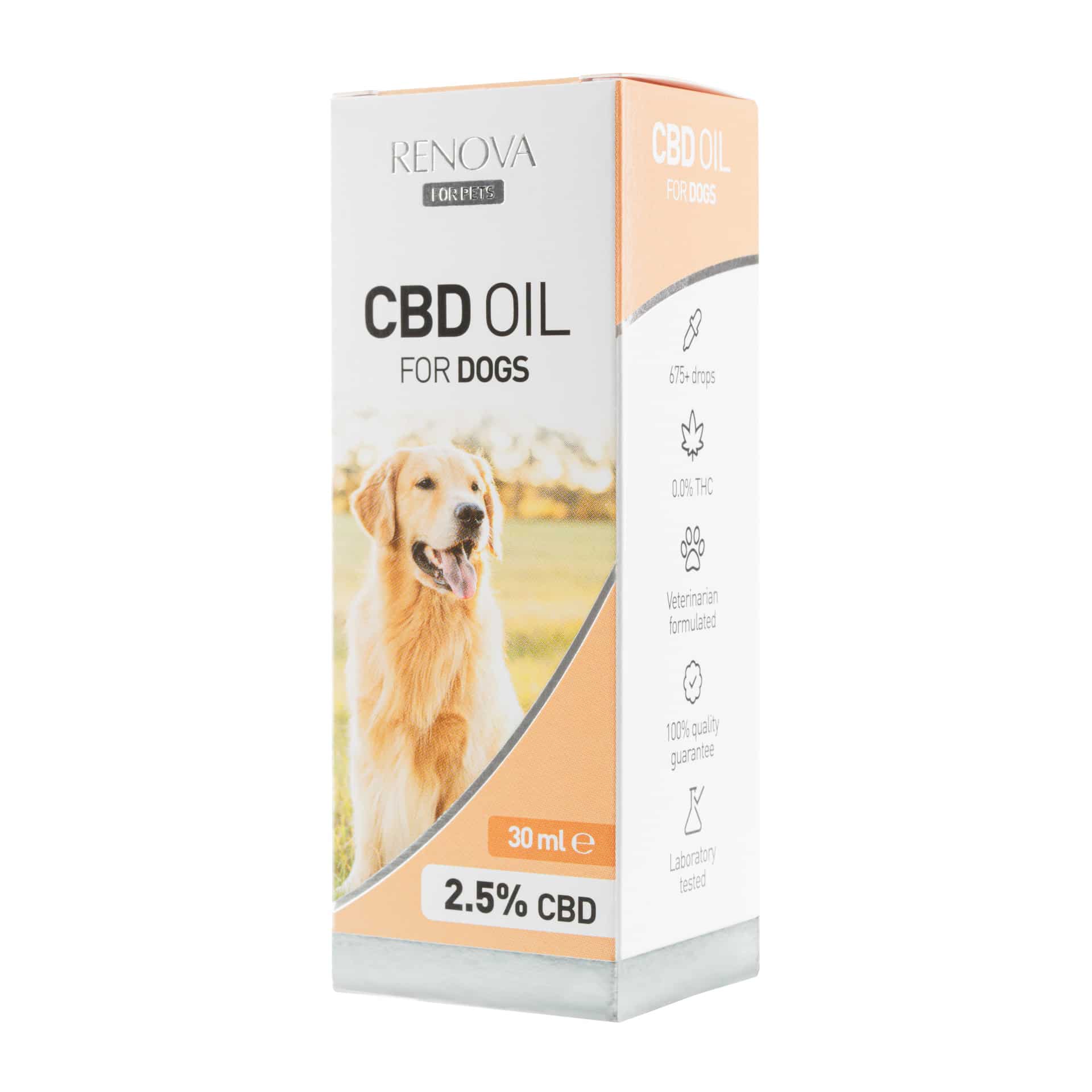 En æske Renova – CBD olie 2,5% til hunde (30 ml) til hunde.