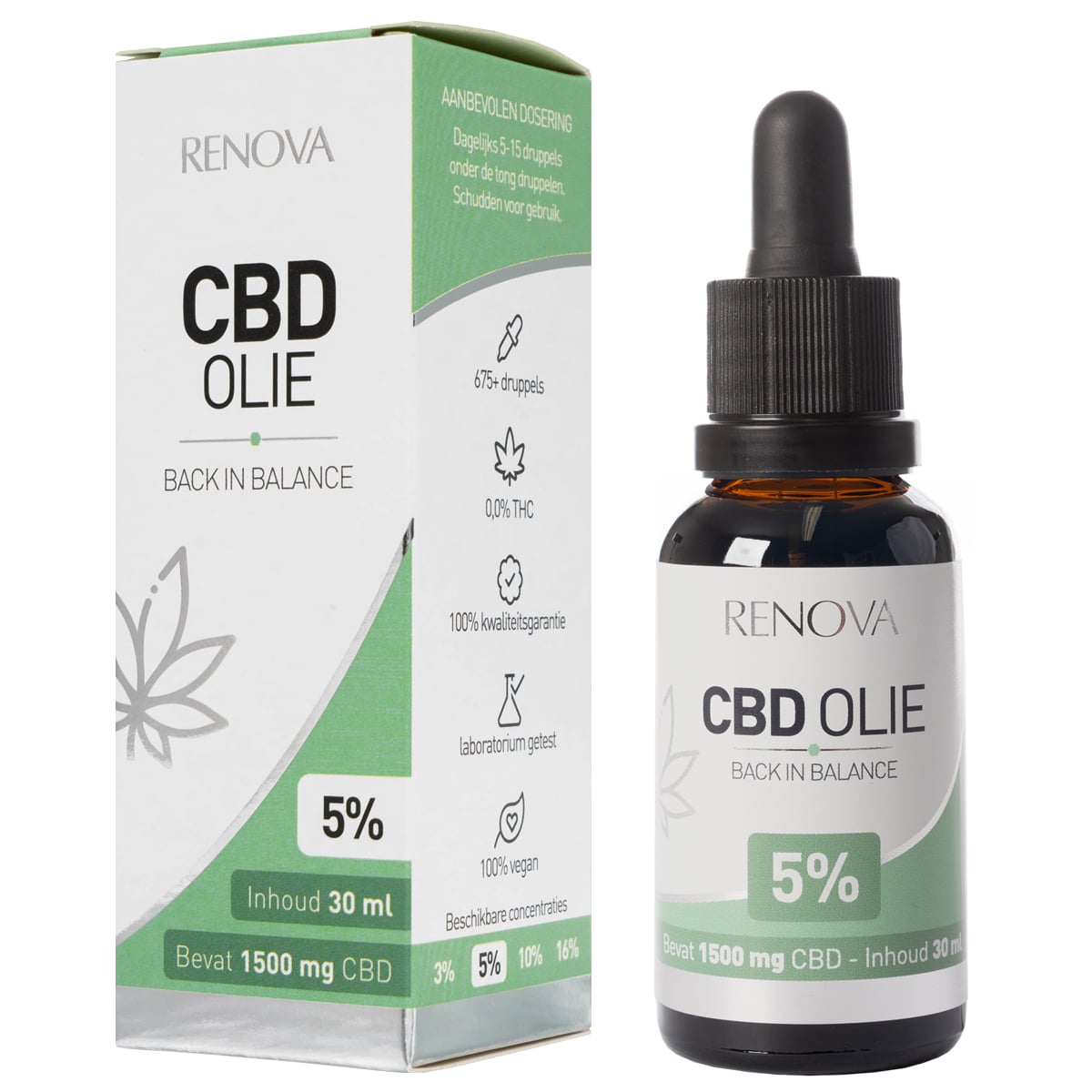 En flaske Renova CBD Olie 5% (30 ml) ved siden af en æske Renova CBD Olie 5% (30 ml).