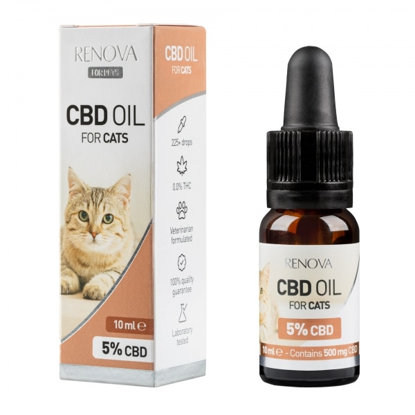 en flaske Renova - CBD olie 5% til katte (10ml) ved siden af en æske Renova - CBD olie 5% til katte (10ml).