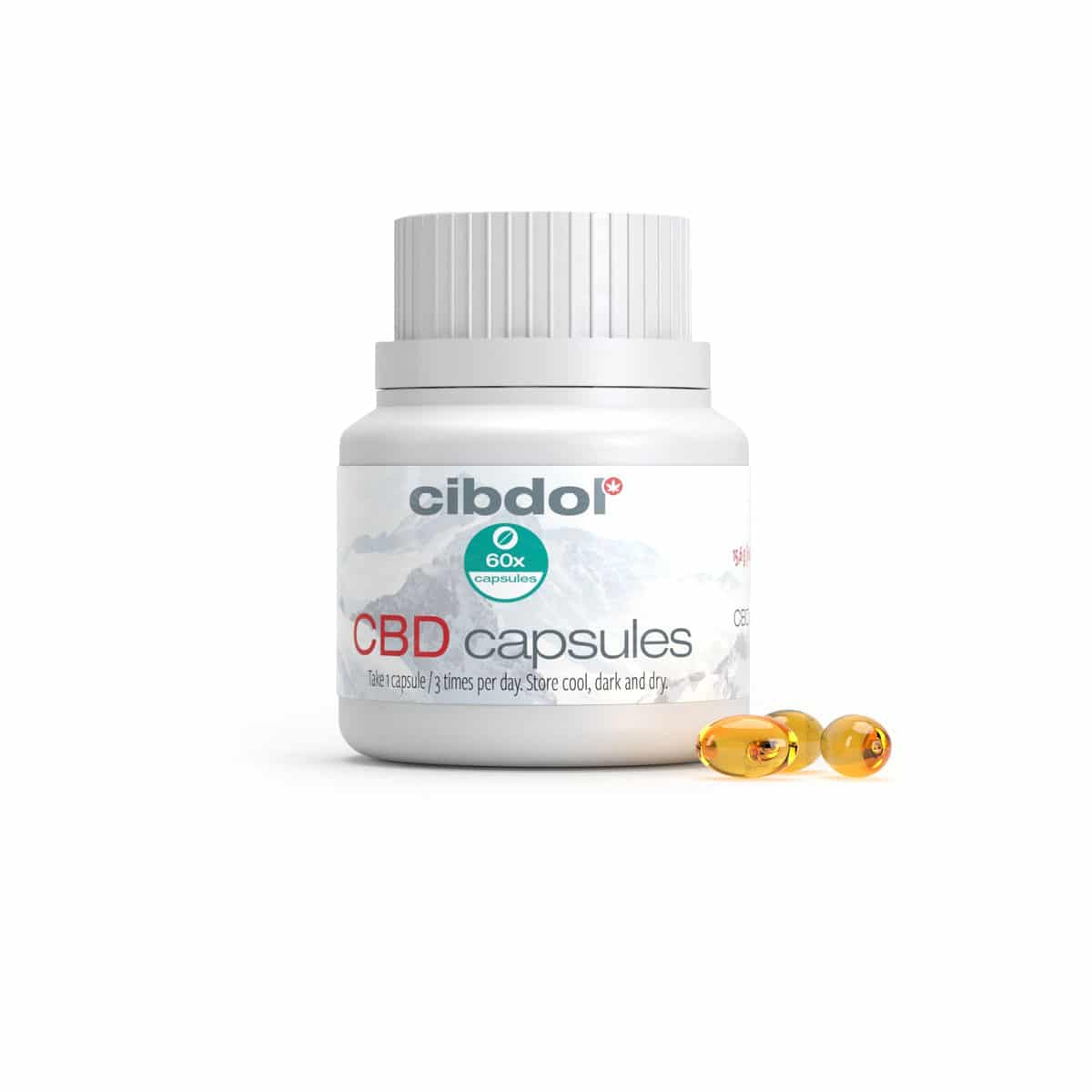 En flaske Cibdol 10% CBD softgel kapsler (60 stk – 16 mg) ved siden af en gul kapsel.