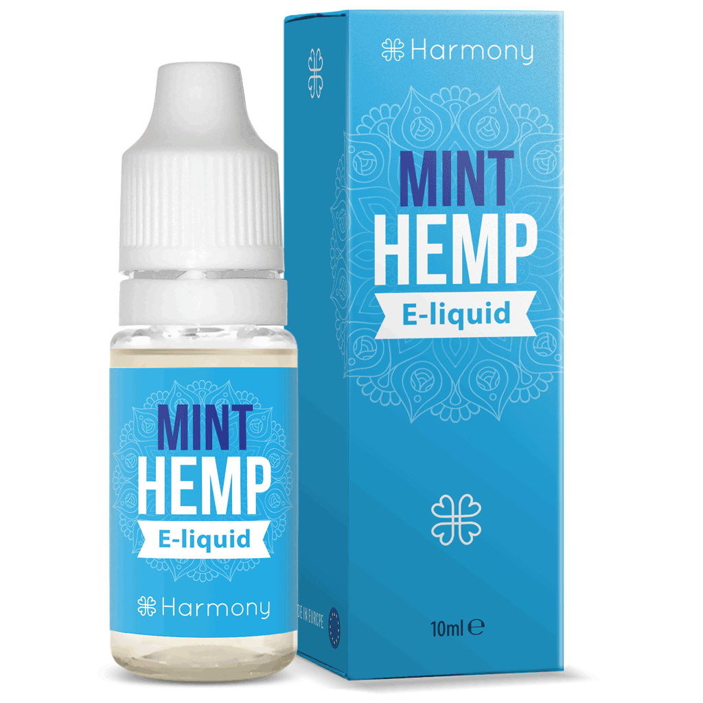 en flaske Harmony E-Væske 300mg CBD - Classic Hemp (10ml) ved siden af en æske.