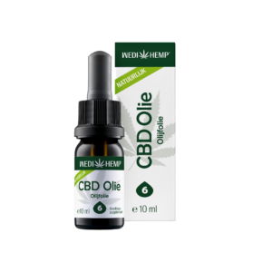 En 10 ml flaske Wedihemp CBD olivenolie 6% med en dråbe ved siden af en grøn og hvid æske mærket "CBD Olie" med et cannabisbladdesign.