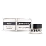 En flaske Endoca CBD krystaller 99% (1000mg ren CBD) ved siden af en æske Endoca CBD krystaller 99% (1000mg ren CBD).