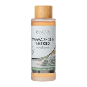 En flaske Renova Massageolie med CBD (100 ml) i lavendel, vanilje og appelsin duft på hvid baggrund.