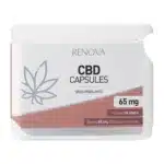 Hvid beholder med Renova CBD kapsler 2,5% med hampefrøolie, mærket "Back in Balance", med 65 mg pr. kapsel og rummer 30 kapsler.