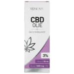 En flaske Renova CBD Olie 3% (30 ml) på en hvid baggrund.