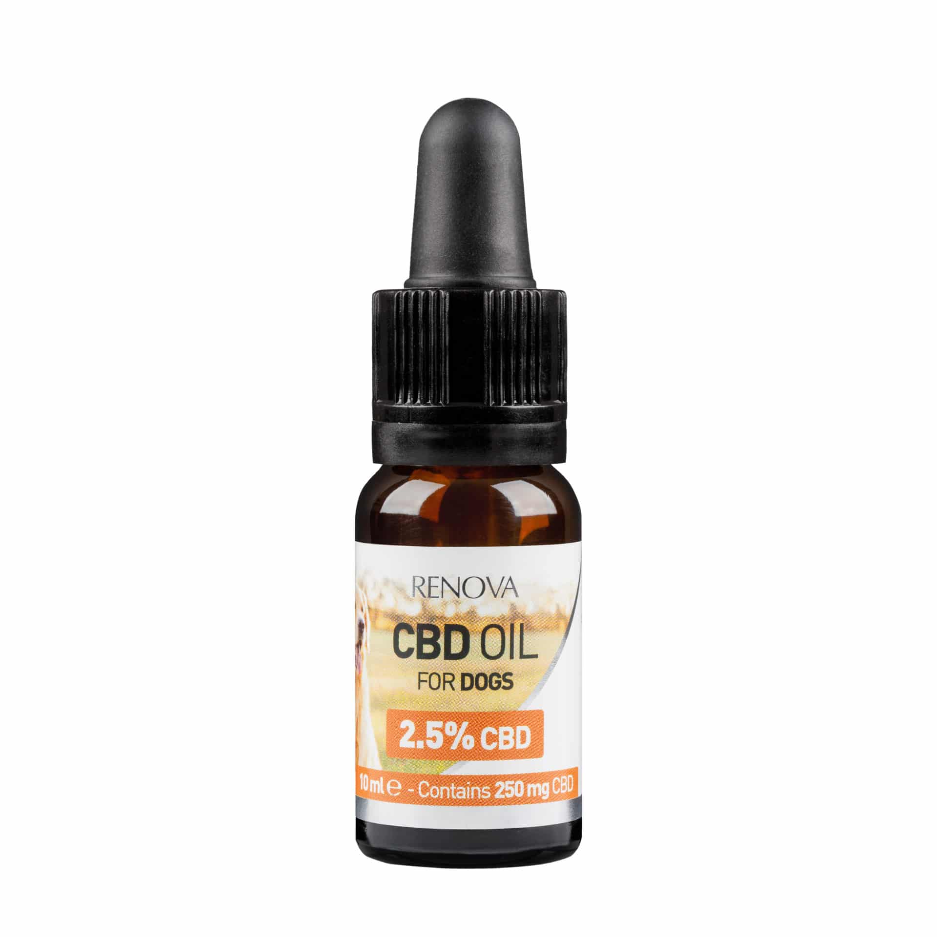 En flaske Renova - CBD olie 2,5% til hunde (10 ml) på hvid baggrund.