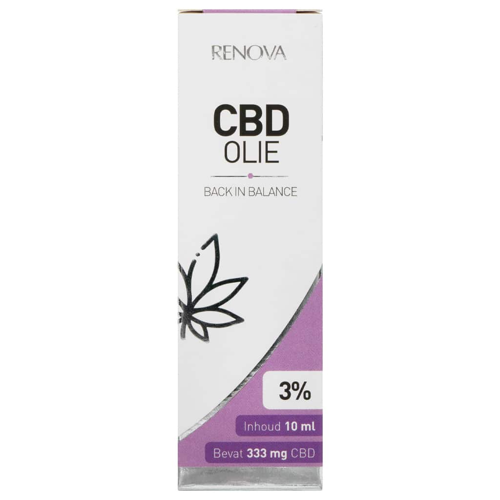 En flaske Renova CBD Olie 3% på en hvid baggrund.