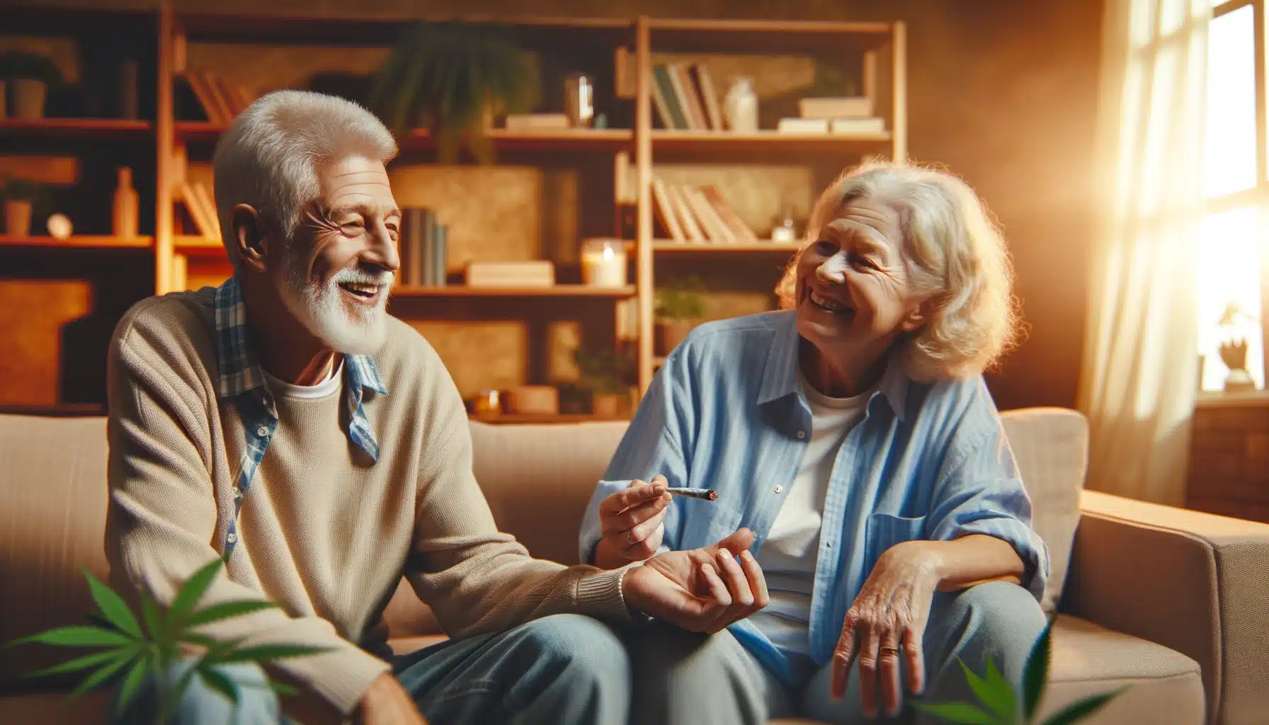 Et ældre par sidder på en sofa med en plante i baggrunden.