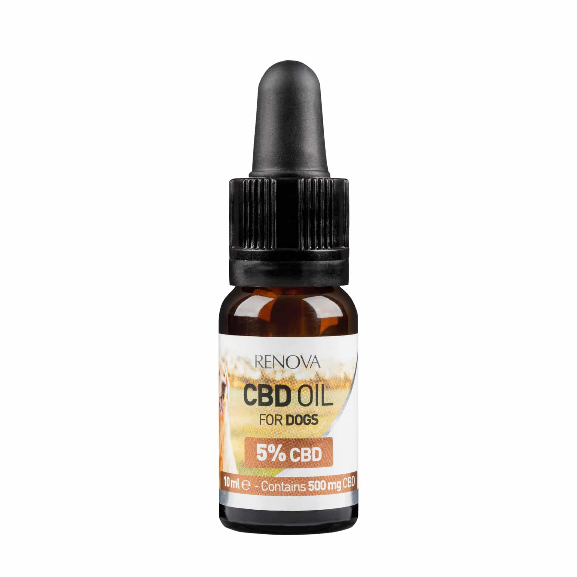 En flaske Renova – CBD olie 5% til hunde (10 ml) på hvid baggrund.