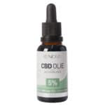 En flaske Renova CBD Olie 5% (30 ml) på en hvid baggrund.