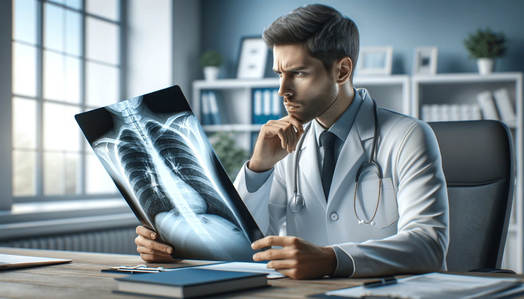 En mandlig læge ser på et røntgenbillede.