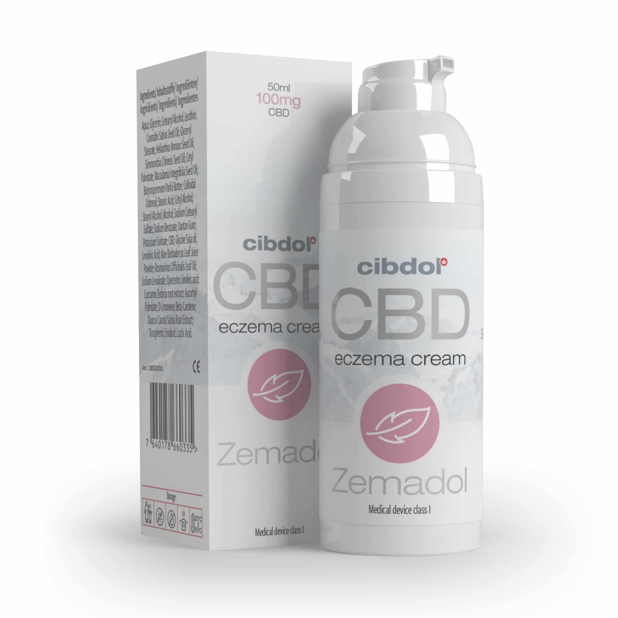 En flaske Zemadol CBD-creme ved siden af en æske.