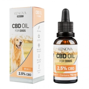 en flaske Renova CBD olie 2,5% til hunde (30 ml) ved siden af en æske Renova CBD olie 2,5% til hunde (30 ml).