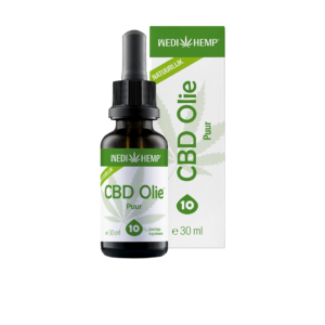 En flaske mærket "Wedihemp Pure CBD Olie 10%" indeholdende 30 ml.