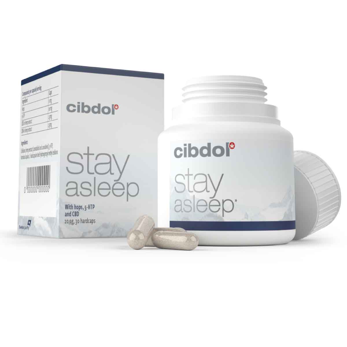 En æske Cibdol Stay Asleep Kapsler med CBD og CBN (30 stk.) ved siden af en flaske.