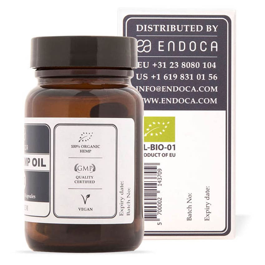 en æske Endoca CBD Kapsler 3% (30 stk) ved siden af en flaske Endoca CBD Kapsler 3% (30 stk)