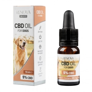 en flaske Renova – CBD olie 5% til hunde (10 ml) ved siden af en æske Renova – CBD olie 5% til hunde (10 ml).