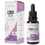 En flaske Renova CBD Olie 3% (30 ml) ved siden af en æske.