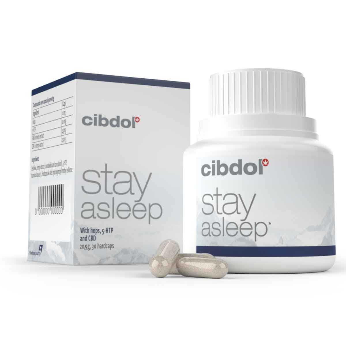 En æske Cibdol's Stay Asleep Kapsler med CBD og CBN (30 stk.) ved siden af en flaske.