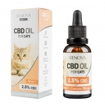 en flaske Renova CBD olie 2,5% til katte (30ml) ved siden af en æske Renova CBD olie 2,5% til katte (30ml).