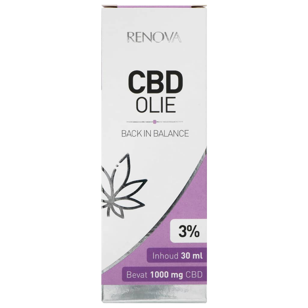 En flaske Renova CBD Olie 3% (30 ml) på en hvid baggrund.