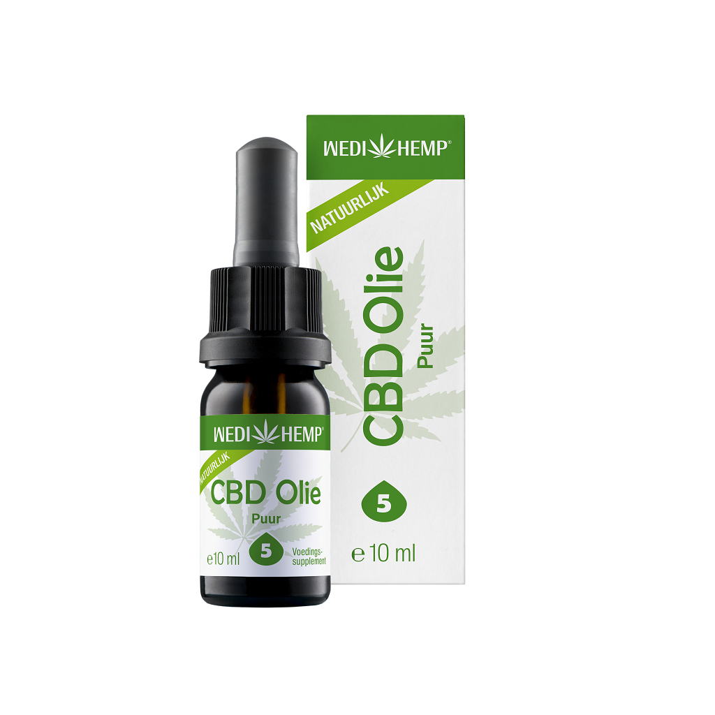 Wedihemps CBD-olie, mærket "Puur", kommer i en 10 ml flaske og emballage prydet med et grønt cannabisbladdesign.