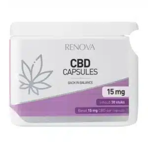 En hvid Renova CBD kapsler beholder, 10mg styrke, med hampefrø olie, rummer 30 kapsler. Har et bladdesign og "Tilbage i balance" tekst.