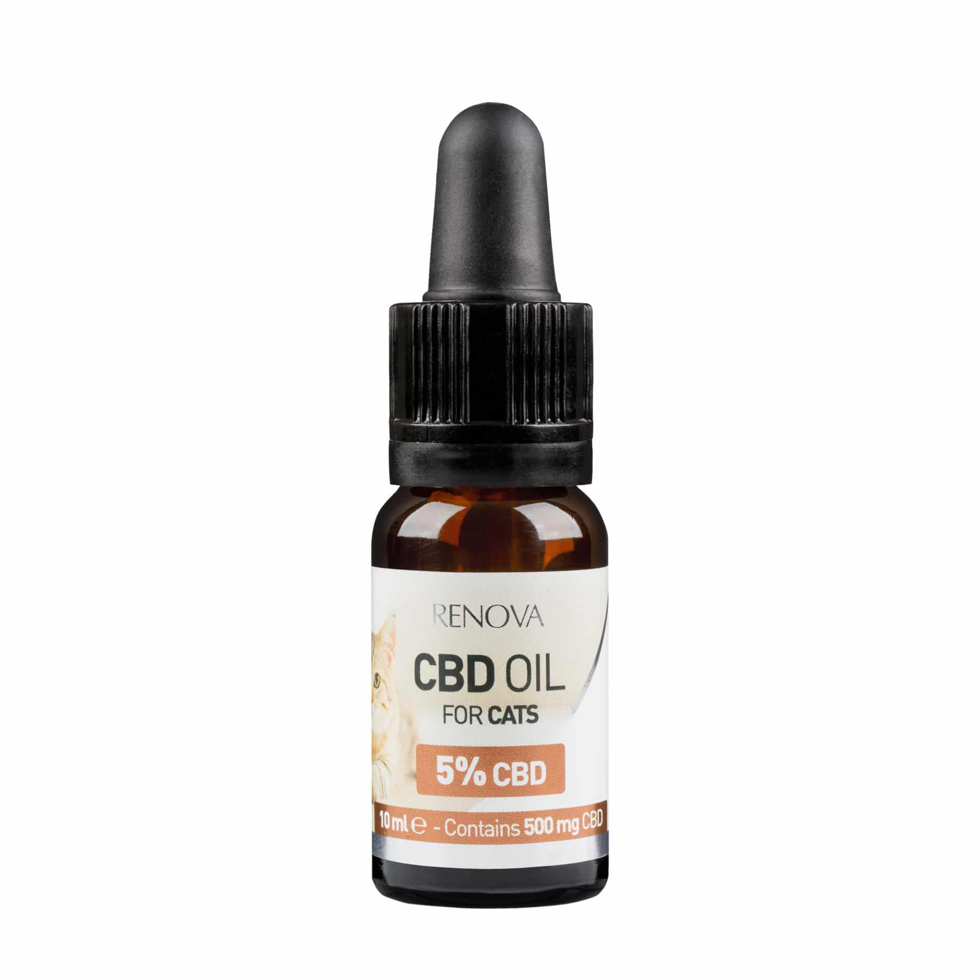 En flaske Renova CBD olie 5% til katte (10ml) på hvid baggrund.