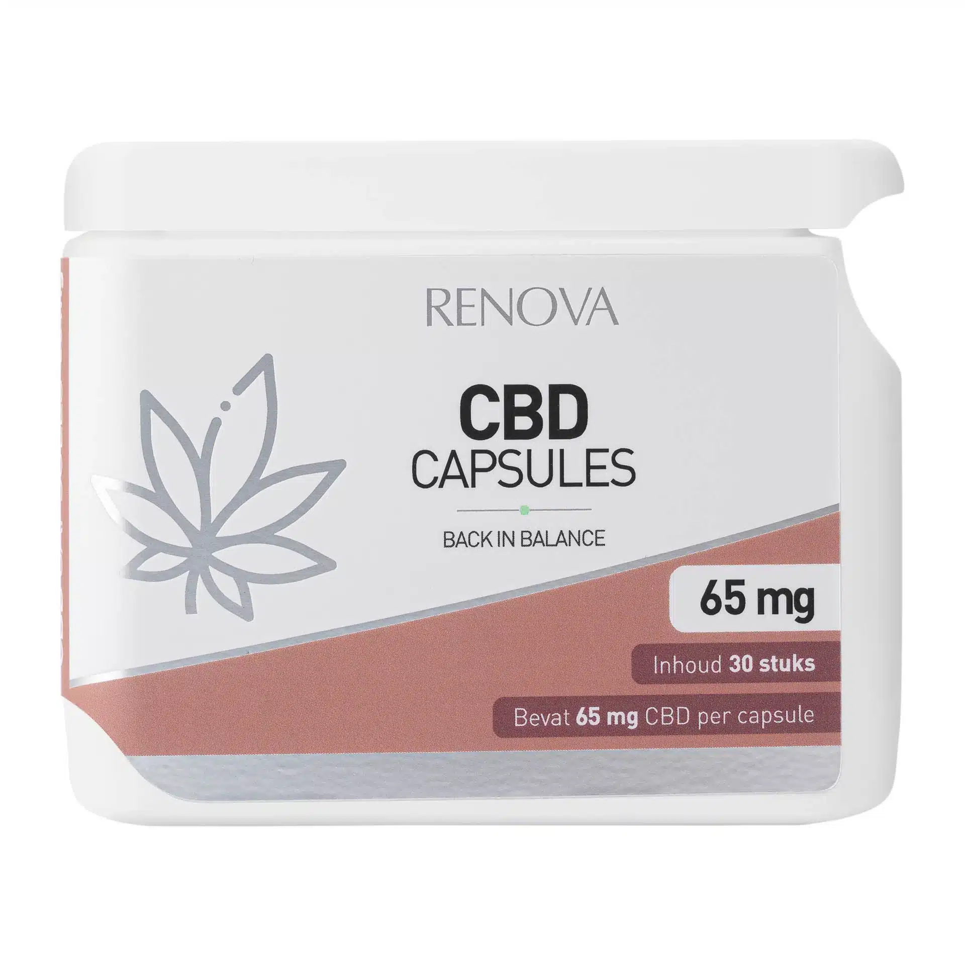 Hvid beholder med Renova CBD kapsler 2,5% med hampefrøolie, mærket "Back in Balance", med 65 mg pr. kapsel og rummer 30 kapsler.