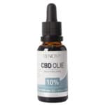 En flaske Renova CBD Olie 10% (30 ml) på en hvid baggrund.