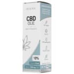 En æske Renova CBD Olie 10% på hvid baggrund.