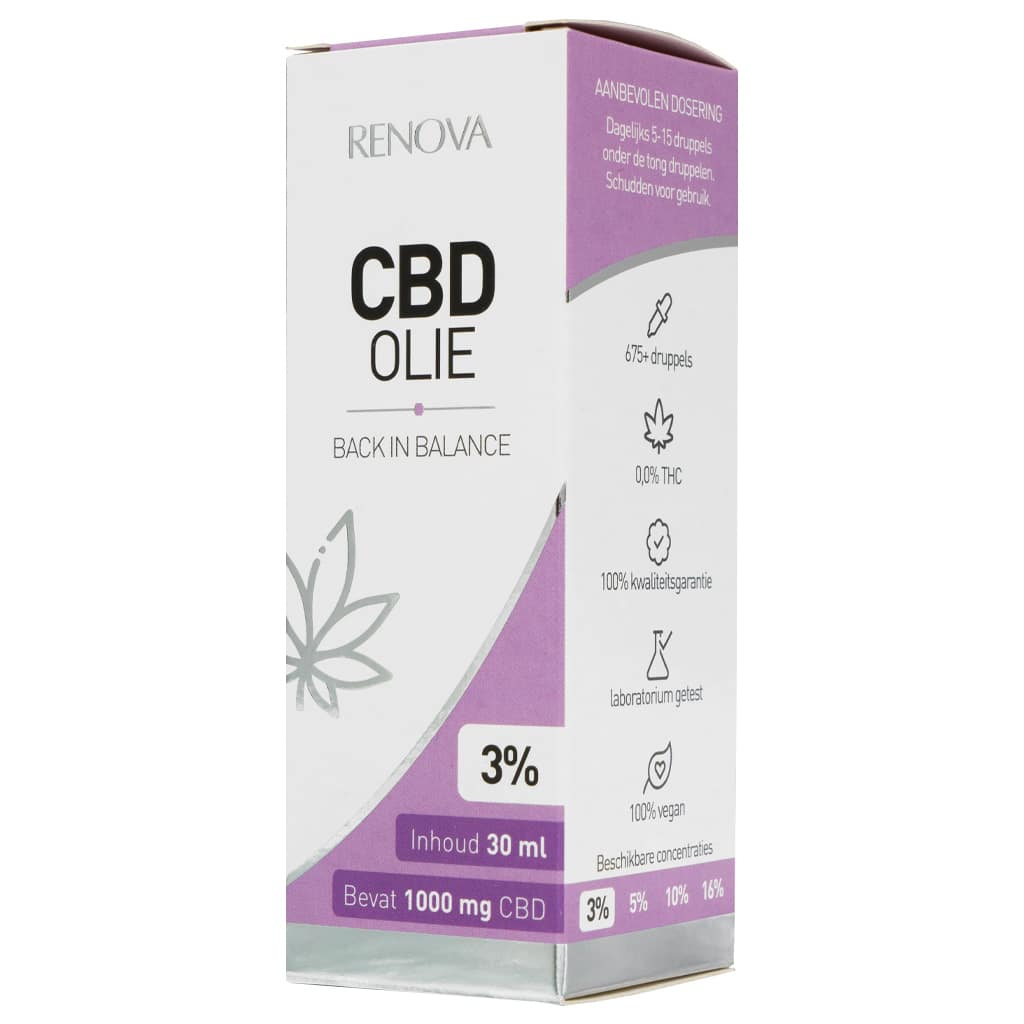 En flaske Renova CBD Olie 3% (30 ml) siddende oven på et bord.