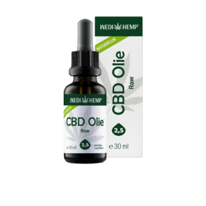 Medihemp CBD Olie RAW 2,5% (30ml) med en æske ved siden af.