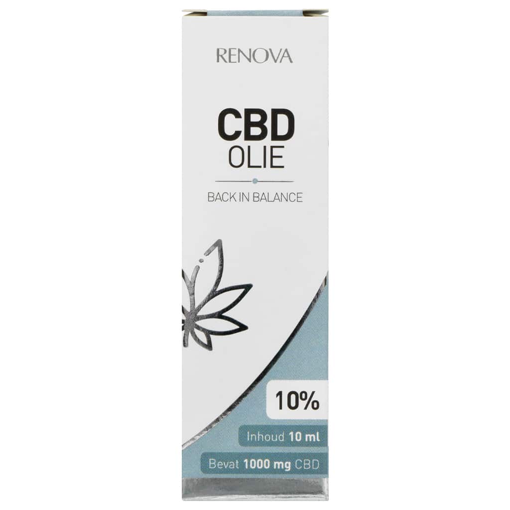 En flaske Renova CBD Olie 10% siddende oven på et bord.