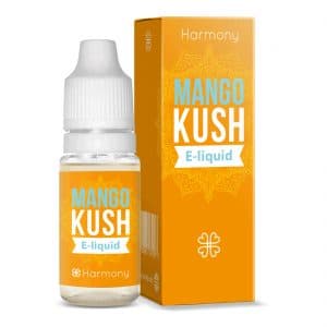 En flaske Harmony E-Væske 100mg CBD - Jordbær (10ml) ved siden af en æske.