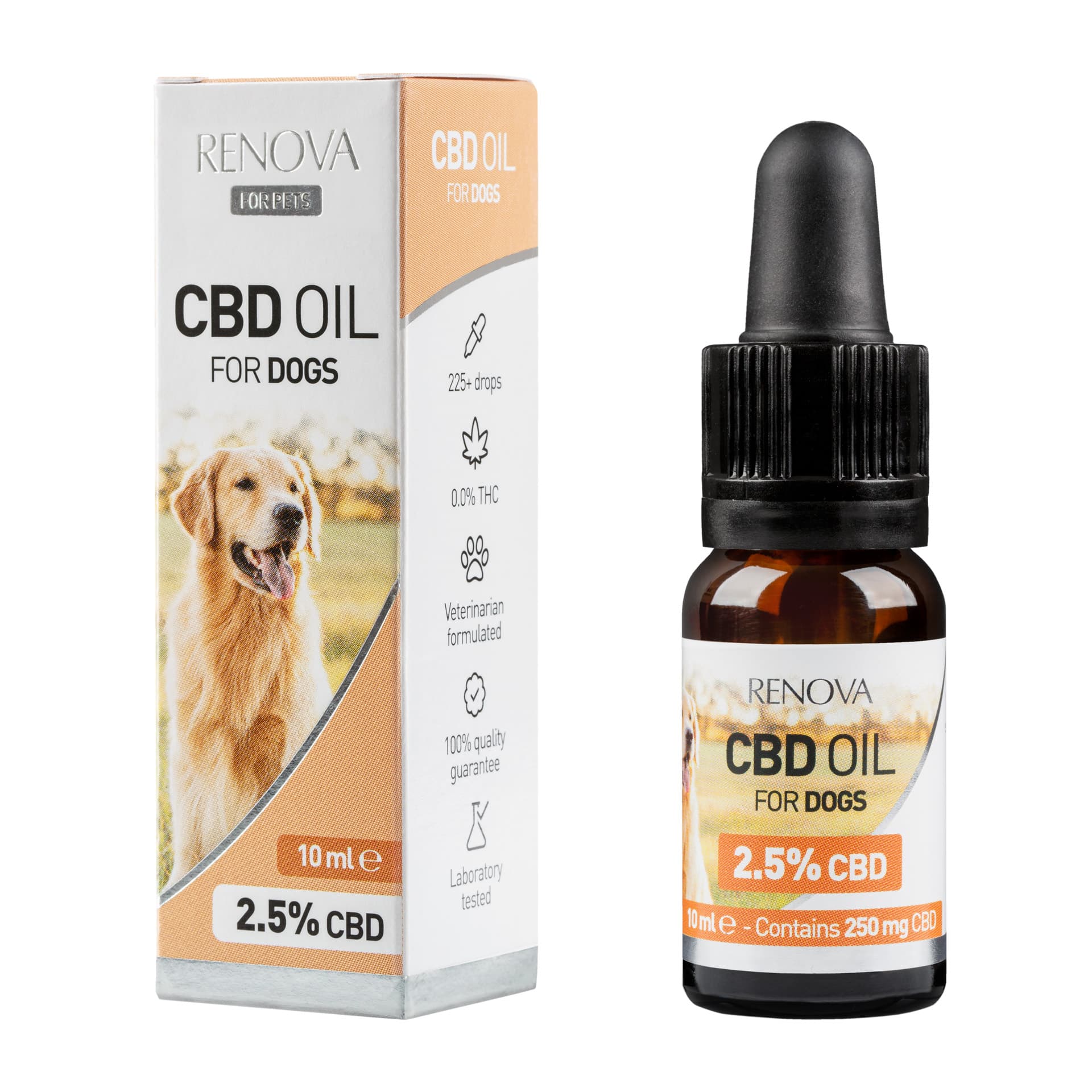 En Renova – CBD olie 2,5% til hunde (10 ml) ved siden af en anden æske Renova – CBD olie 2,5% til hunde.