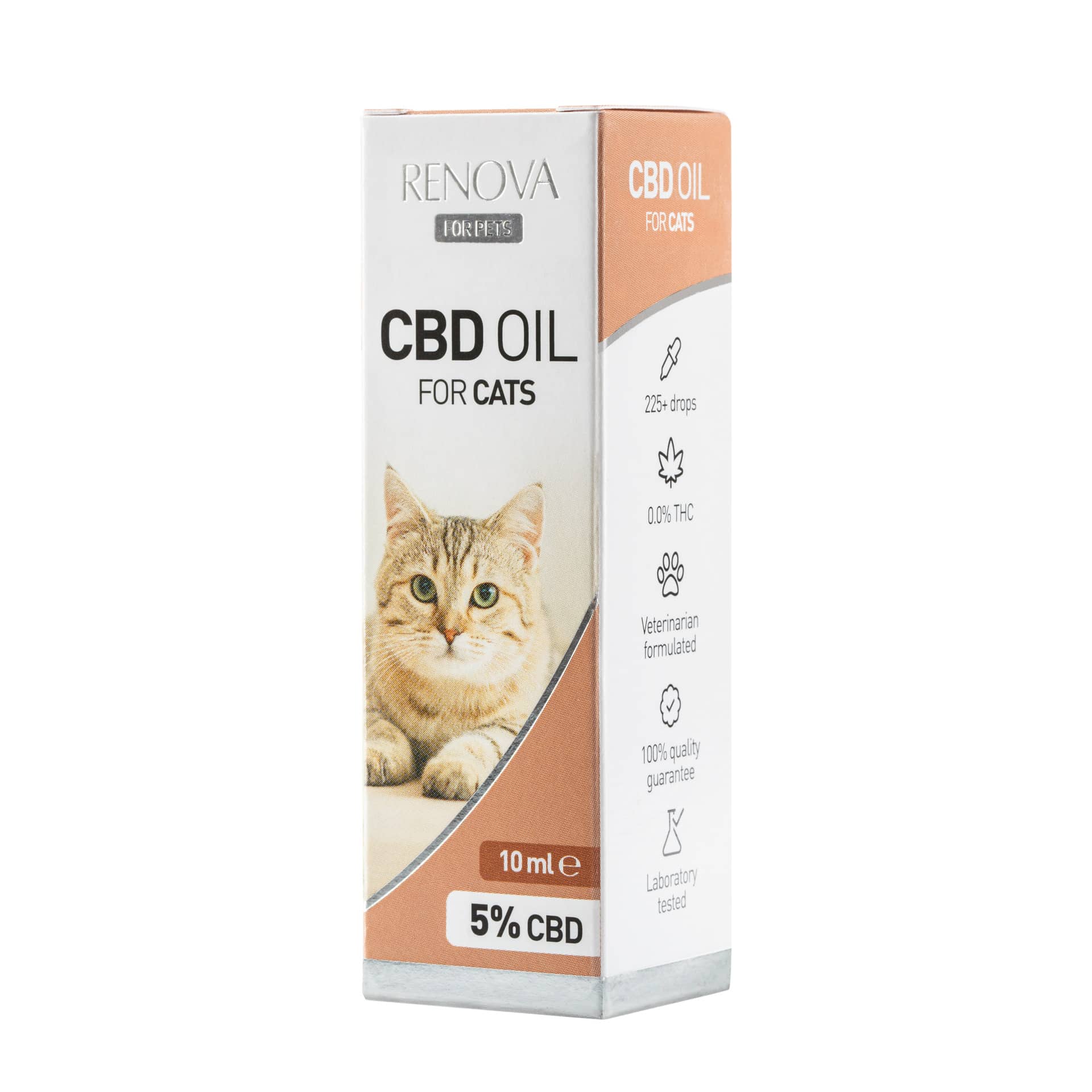 En æske Renova CBD olie 5% til katte (10ml) på hvid baggrund.