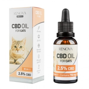 en flaske Renova CBD olie 2,5% til katte (30ml) ved siden af en æske Renova CBD olie 2,5% til katte (30ml).