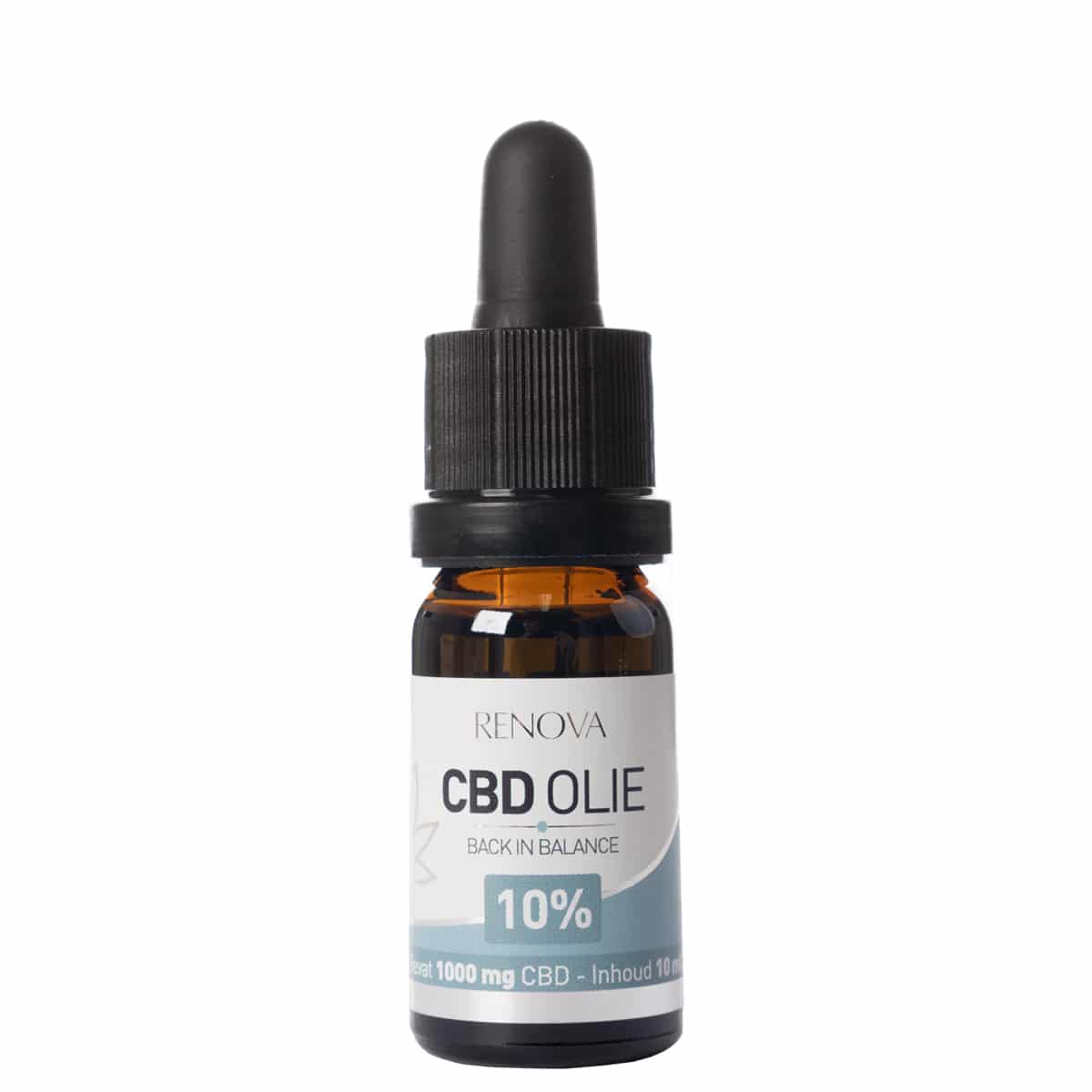 En flaske Renova CBD Olie 10% på en hvid baggrund.