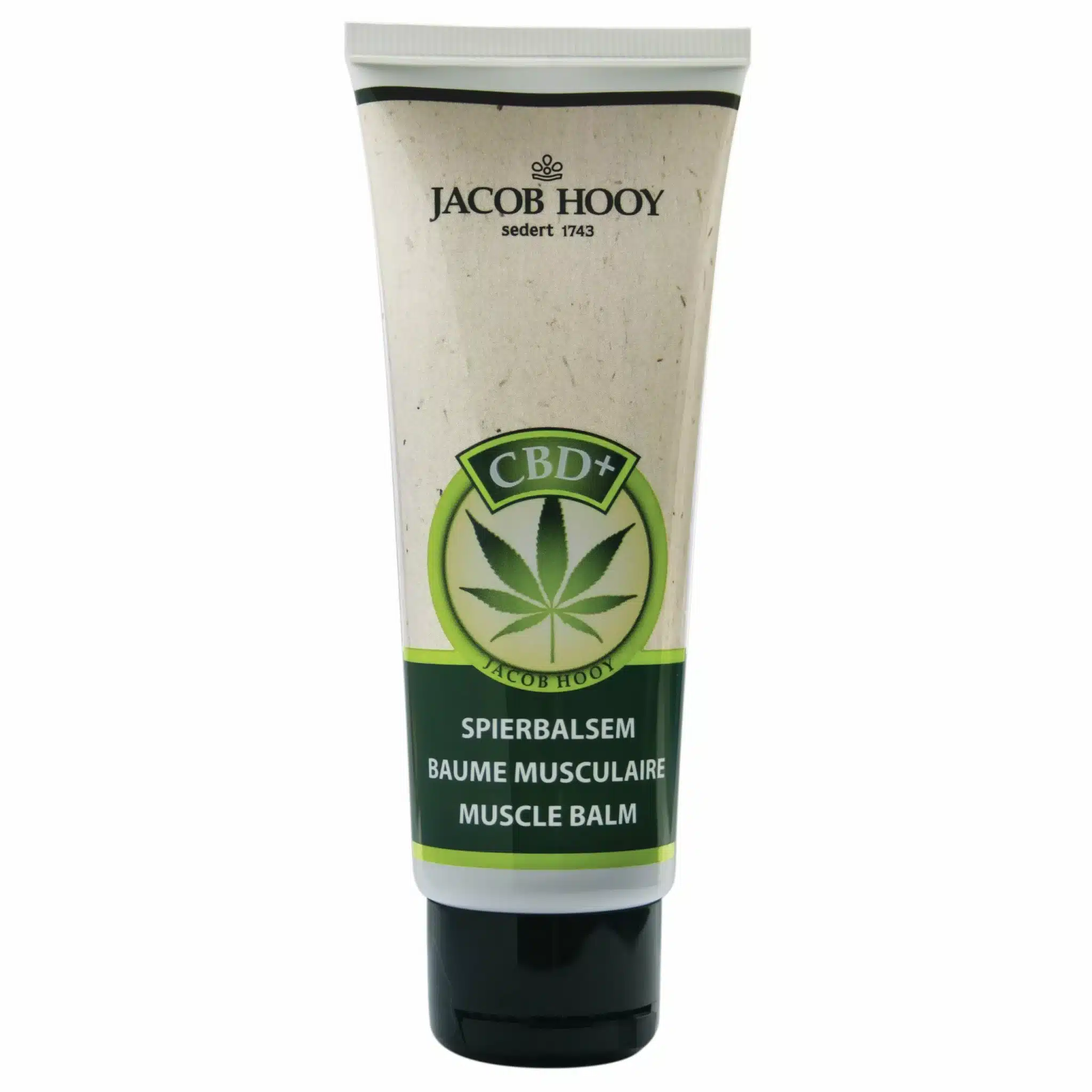 Jacob Hooy - CBD muskelbalsam tube med et cannabisbladdesign på etiketten.