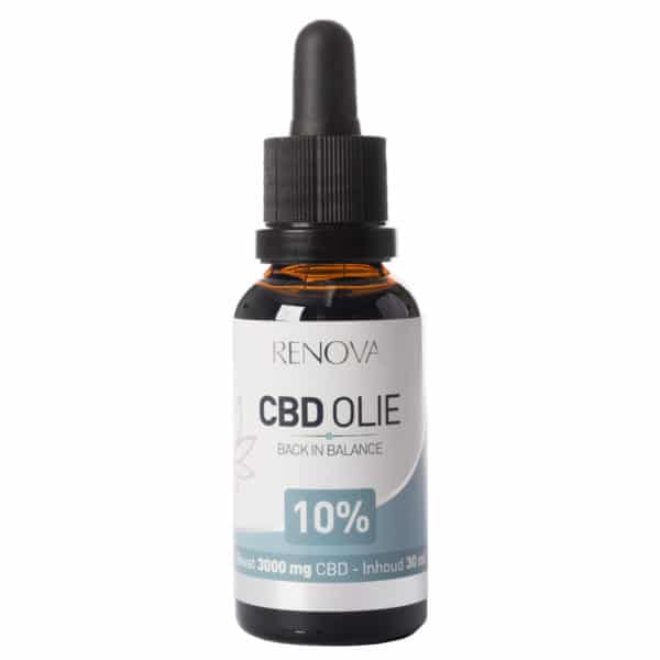 En flaske Renova CBD Olie 10% (30 ml) på en hvid baggrund.