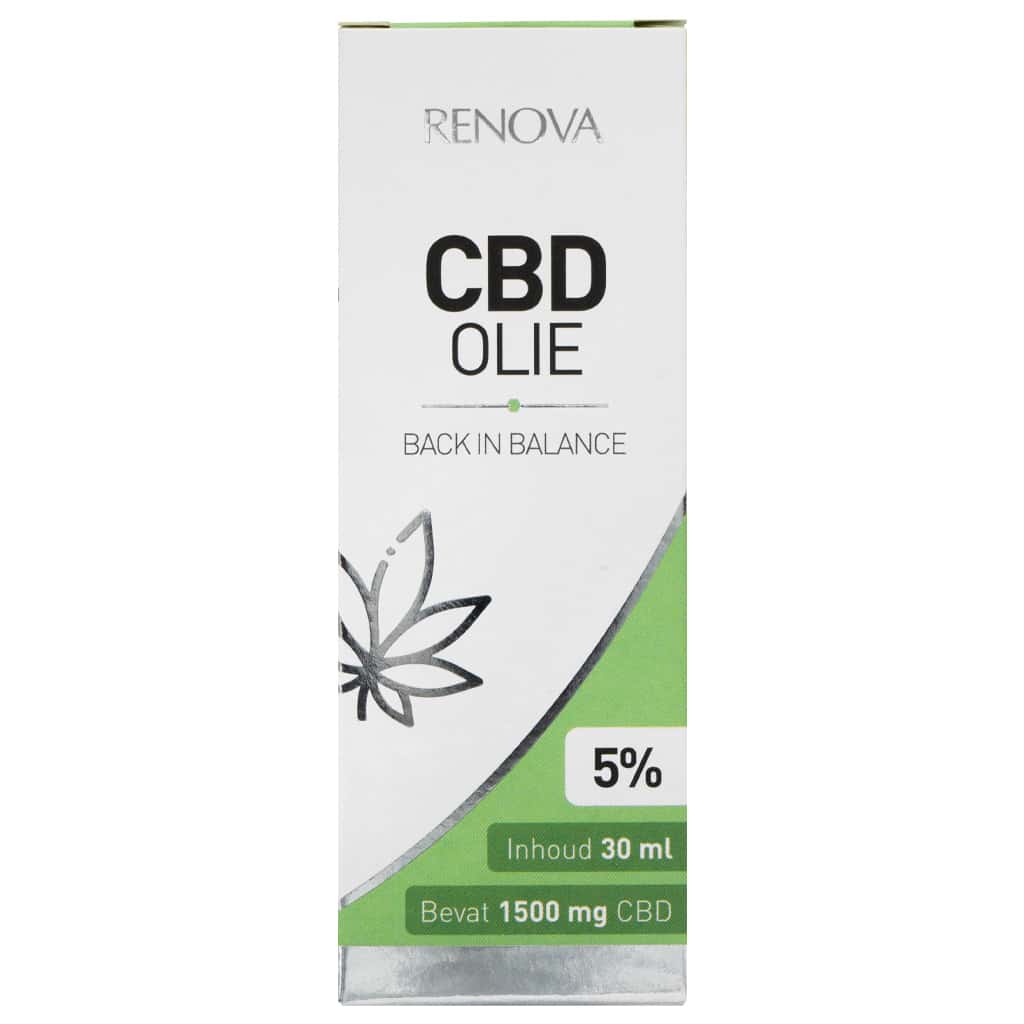 En flaske Renova CBD Olie 5% (30 ml) på en hvid baggrund.