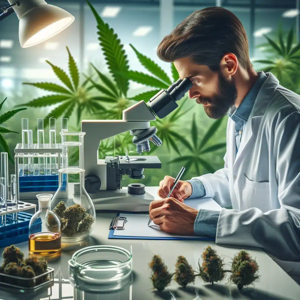 En videnskabsmand arbejder i et laboratorium med marihuanaplanter.