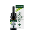 CBD olieflaske med dråbeholder og emballage. På etiketten står "Wedihemp CBD Olie RAW 2,5%", og flasken indeholder 10 ml. Æsken er dekoreret med et cannabisbladdesign og ordet "Natuurlijk.