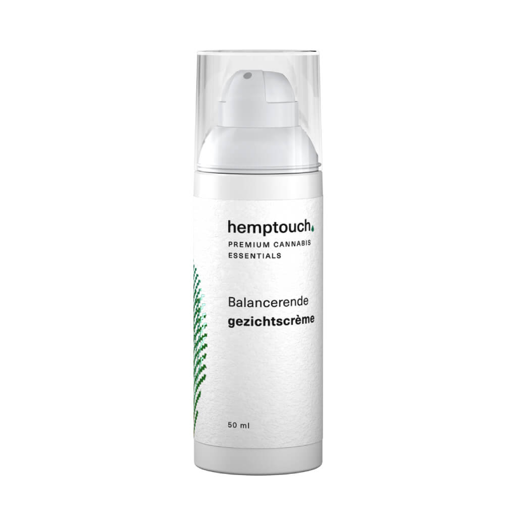 et nærbillede af en flaske Hemptouch beroligende ansigtscreme med CBD (50ml/50mg) på en hvid baggrund.